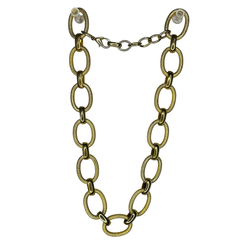 Gold Tone Chunky Oval Link Statement Necklace Textured Mesh Smooth Mixed Links